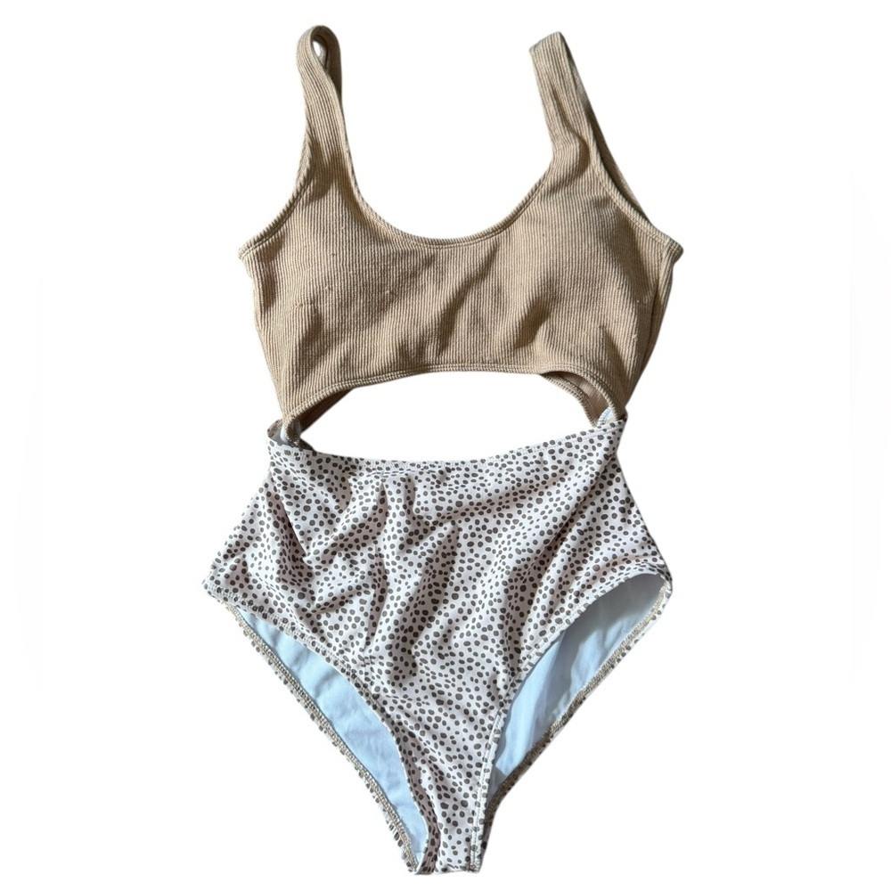 Chic Tan and White Polka Dot Women's One Piece Swimsuit